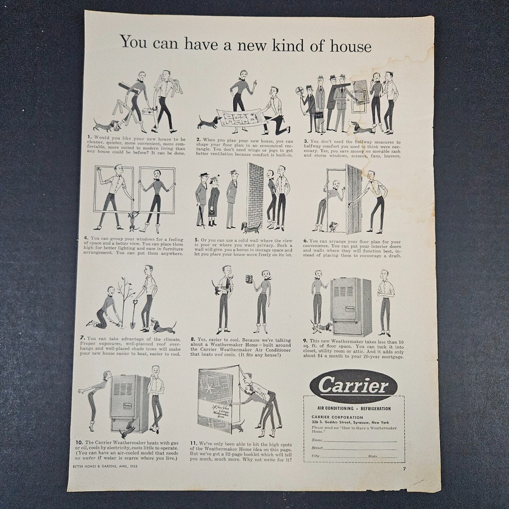1953 Carrier Corporation Air Conditioning Vintage Print Ad Syracuse NY Drawn Art